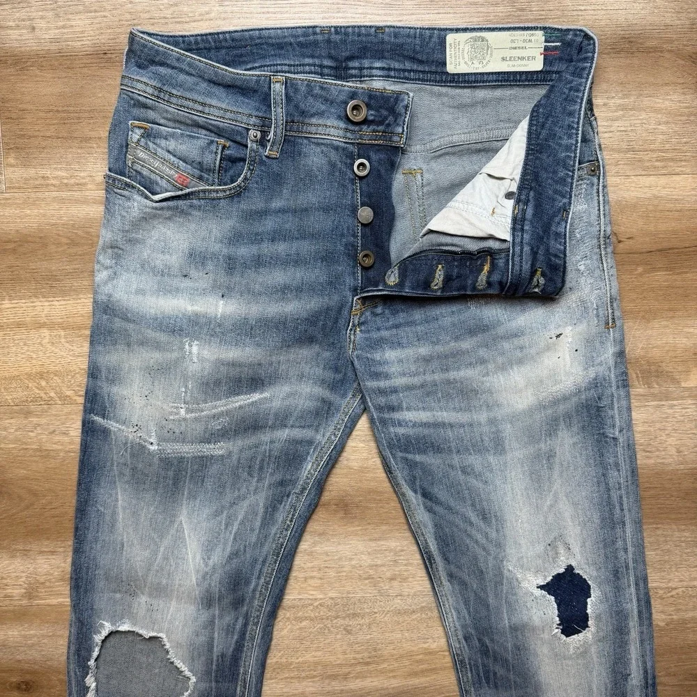 Diesel Sleenker‎ Jeans Men 30x30 Blue Slim Skinny Stretch Italy Whiskered 069DJ